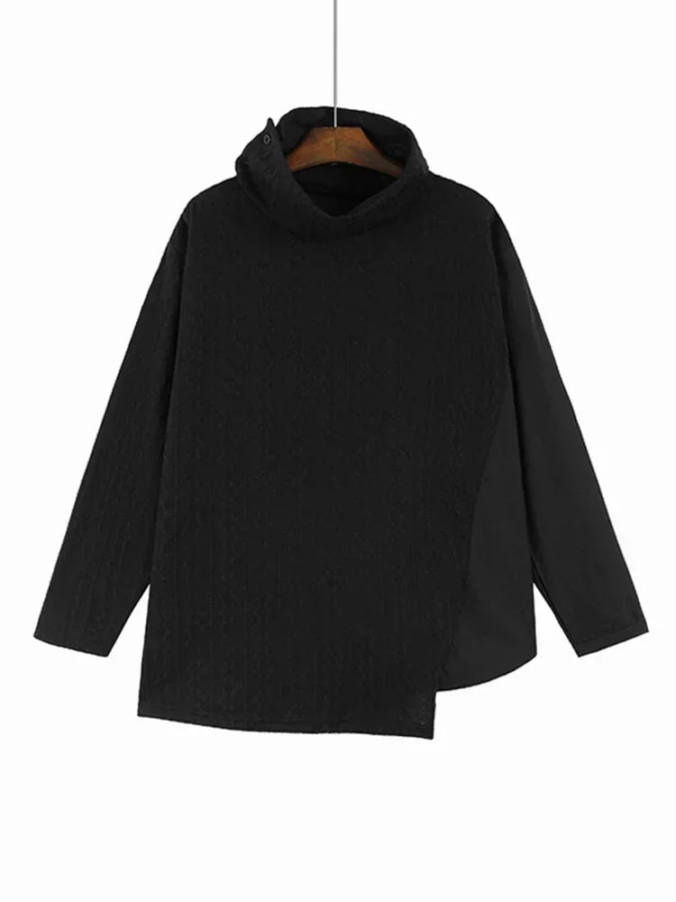 XITAO Turtleneck Asymmetrical Knitting Patchwork T-shirts Pullover Loose Solid Color Long Sleeve Tops Spring Casual New HQQ1851