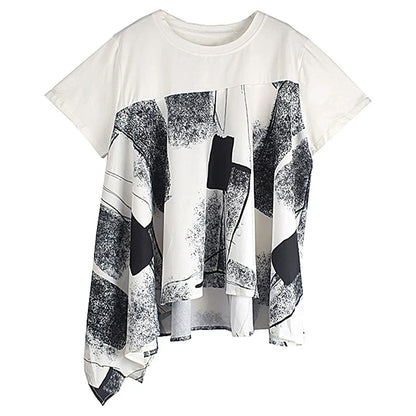 XITAO Loose Asymmetric Print Female T-shirts Casual All-match Trend Patchwork Women Summer New Simplicity O-neck Top GJ1020