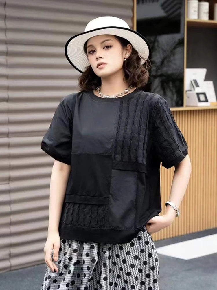 XITAO Folds Causal Female T-shirt Loose Solid Color Women Top Irregular Splicing Short Sleeve Summer New GJ1051