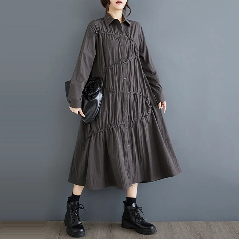 XITAO Loose Fashion Pleated Female Dress Long Sleeve Mid Calf Temperament Turn Down Collar Loose A-line Dresses Autumn GYX1048