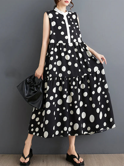 XITAO Print Sleeveless Stand Collar Dress Polka Dot Fashion Contrast Color Casual Loose All-match Pullover A-line Dress ZY8809