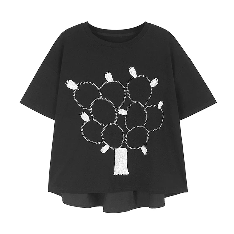 XITAO Embroidered Balloon Round Neck T-shirt Short Sleeved Loose Casual All Match Fashion Summer Women New Top LYD1819