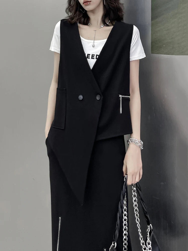 XITAO Asymmetrical Women Sets Fashion Black Zipper Splicing Skirt Sleeveless Vest Two Piece Sets 2024 Summer New HJH62271