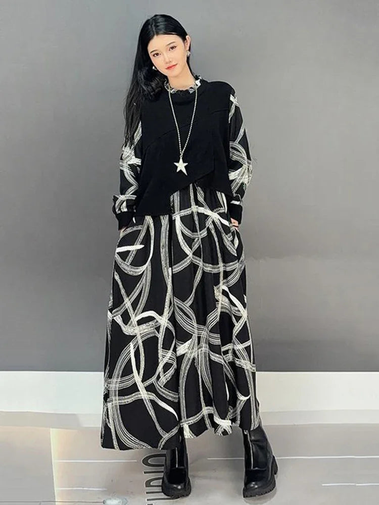 XITAO Print Patchwork Pullover Women Dress O-neck Long Sleeve Loose Slimming Casual Dresses 2024 Autumn New All Match LJ1094