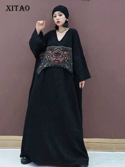 XITAO Embroidery Patchwork V-neck Dress Pullover Long Sleeve Loose Slimming Fashion Ankle-Length Dresses 2024 Autumn New LJ1092