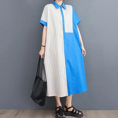 XITAO Striped Dress Fashion Women Goddess Fan Single Breasted Goddess Fan Casual Style Loose Summer Elegant Dress WLD11528