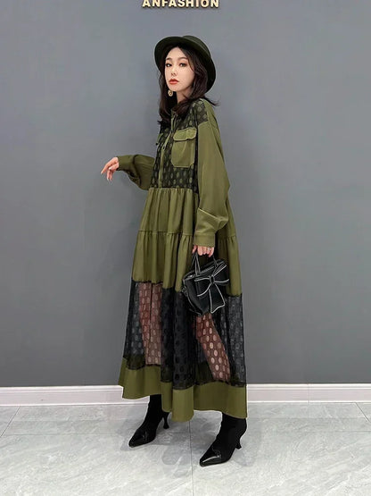 XITAO Fashion Mesh Patchwork Dress Loose Fashion Contrast Color Perspective Dot Pattern Lace Stand Collar Shirt Dress ZY7438