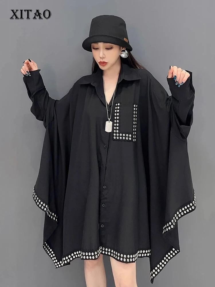 XITAO Batwing Sleeve Rivet Decoration Shirt Loose Fashion Personality Women Loose Turn-down Collar Spring New Top LYD1542