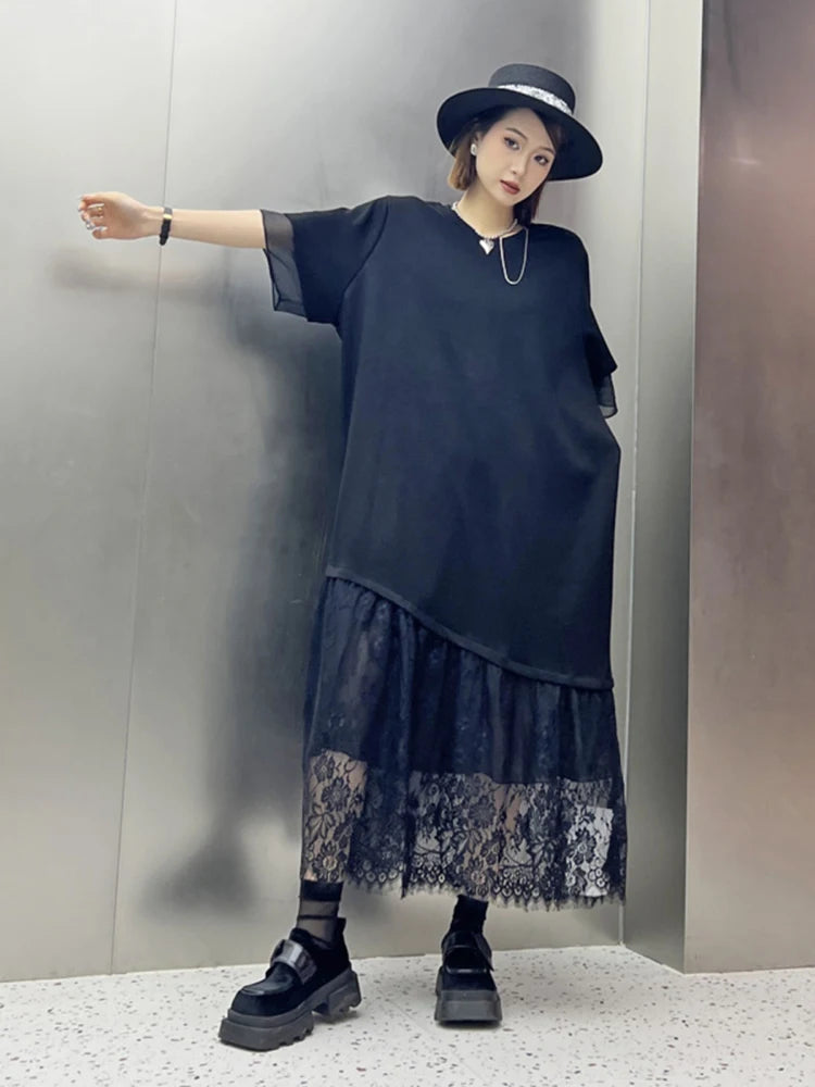 XITAO Black Casual Dress Loose Fashion Lace Patchwork Hem Loose Simplicity Women New Short Sleeve T-shirt Dress HQQ2330