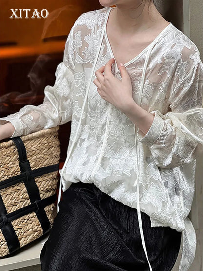 XITAO V-neck Bandage Hollow Out Women Blouse Solid Color Long Sleeve Pullover Loose Fashion Tops 2024 Summer New WLD20191