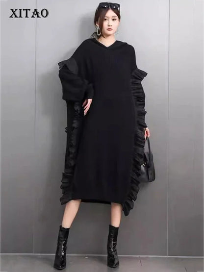 XITAO Ruffles Batwing Sleeve V-neck Dress Fashion Casual Solid Color Straight Knitting Mid-calf Loose Autumn Women Dress GMM1294