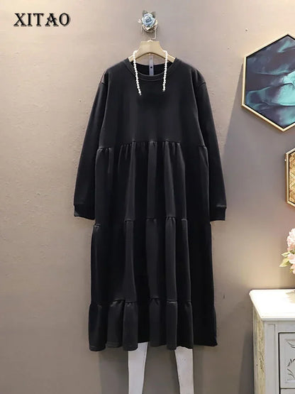 XITAO Spring Casual Long Sleeve Dress Solid Color Simplicity Splicing O neck Collar Pullover Loose Trendy All-match Women ZY3953