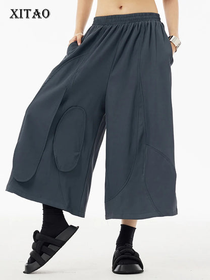 XITAO Fashion Patchwork Solid Color Wide Leg Pants Elastic Waist Loose Casual Simplicity Women Ankle Length Pants WLD20182