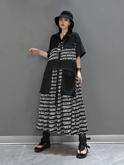 XITAO Striped Dress Letter Fashion New Women Pleated 2024 Summer Elegant Casual Style Loose Dress Pocket LDD1822