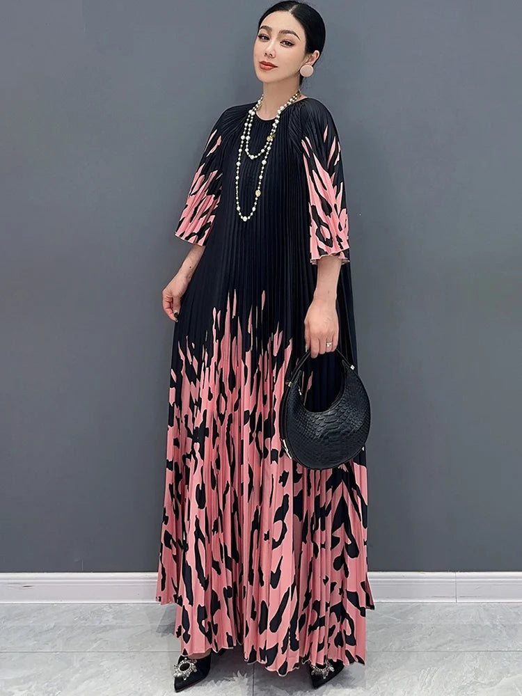 XITAO Print Pleated O-neck Three Quarter Sleeve Dress Elegant Temperament Loose  Fashion Summer New Goddess Fan Dress LYD1881