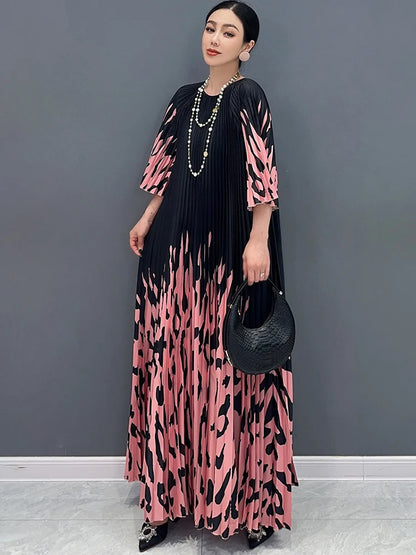 XITAO Print Pleated O-neck Three Quarter Sleeve Dress Elegant Temperament Loose  Fashion Summer New Goddess Fan Dress LYD1881