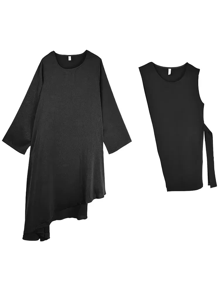 XITAO New Style Fashion Two Pieces Dress 2024 New Autumn Trendy Solid Color Long Sleeve Loose Irregular Women Dress LJ1080