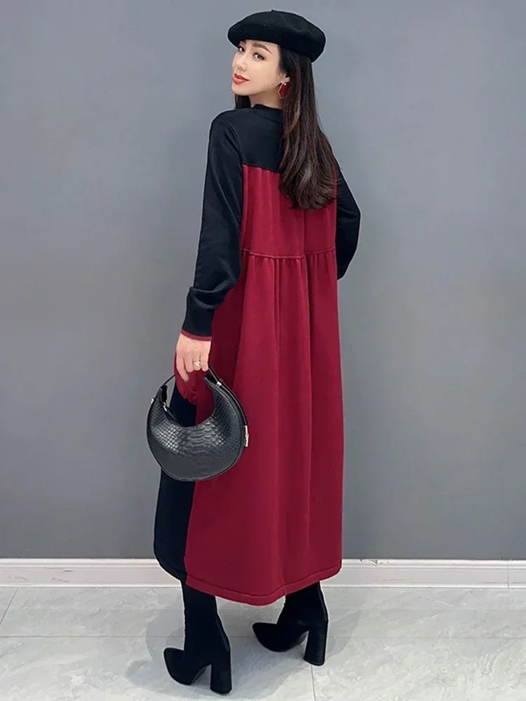 XITAO Patchwork V-neck Knitting Dress Loose Slimming Trend Pocket Women Spring All-match Contrast Color Elegant Dress HQQ1858