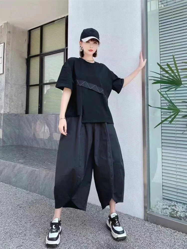 XITAO Asymmetrical Patchwork Geometric T-shirts Solid Color Short Sleeve Split O-neck Tops 2024 Summer New All Match GJ1018