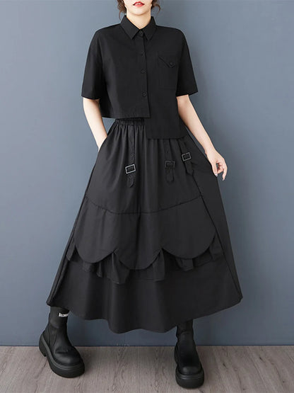 XITAO Sequined Button Pocket Asymmetrical Skirt Patchwork Elastic Waist Loose All Match Solid Color Mid-calf Skirt GMM1283