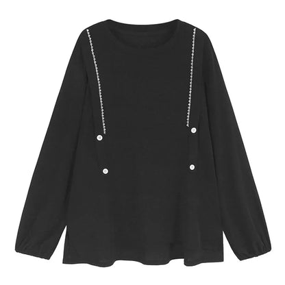 XITAO Beading Patchwork Button Contrast Color T-Shirts Side Split O-neck Long Sleeve Loose Casual All Match Top Spring GJ1128