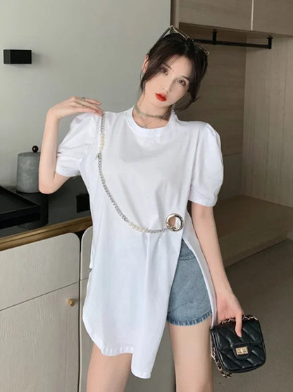 XITAO Fashion Casual T-shirt Chain Splicing Slit Women Personality Top Summer New Solid Color Street Trendy T-shirt LYD1386