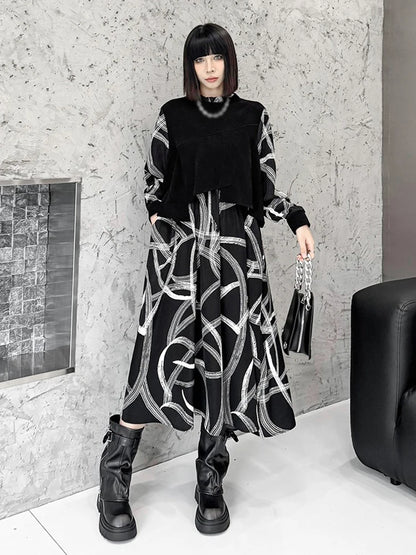 XITAO Contrast Color Print Pullover Dress O-neck Long Sleeve Loose Fashion Personality Slimming Dresses 2024 Autumn New LJ1051