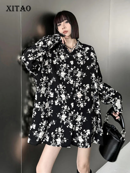 XITAO Casual Print Floral Shirt Turn Down Collar Vintage Full Sleeve Simplicity Elegant Loose Fashion Women New Shirt LYD1833