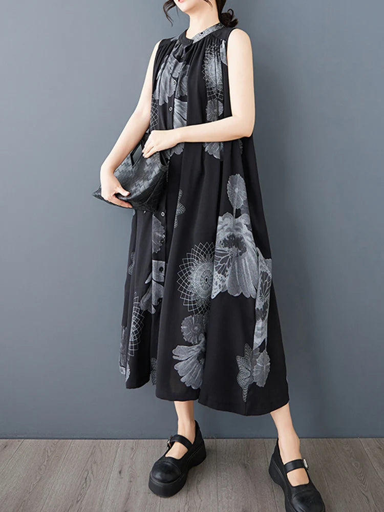 XITAO Printing Fold O-neck Sleeveless Dress Mid-calf A-line Pullover Simple Personality Solid Color Summer Women Dress GMM1310