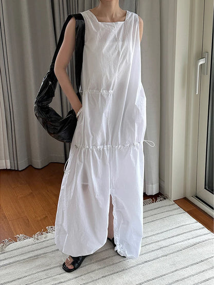 XITAO Casual Sleeveless Dress Asymmetrical Drawstring Decorate Solid Color Loose Fashion Square Collar Women New Dress ZY8849