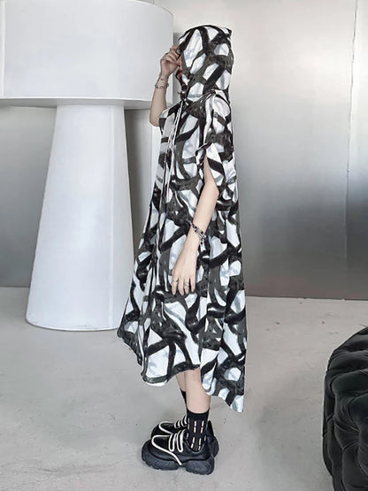 XITAO Fashion Print Hooded Dress Causal Loose Contrast Color Short Sleeve Women Summer Simplicity New Pullover Dress DMJ1454