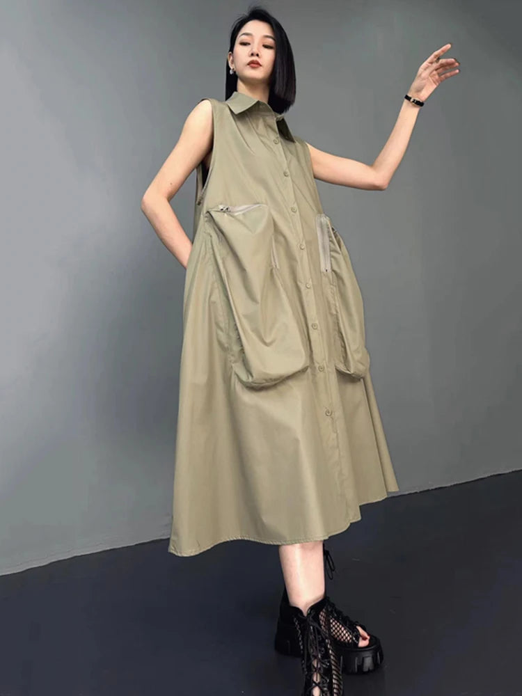 XITAO Loose Patchwork Pocket Dress Casual Temperament Sleeveless Women Summer New Simplicity Single Breasted Dress HQQ2372