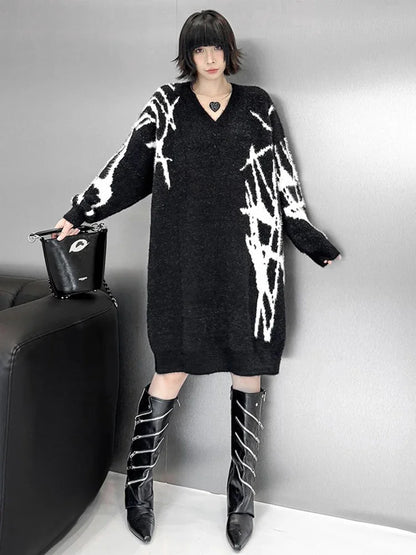 XITAO Solid Color Casual Knee-length V-neck Full Sleeve Dress Europe Fashion New Knitting Autumn Pullover Women Dress GMM1095