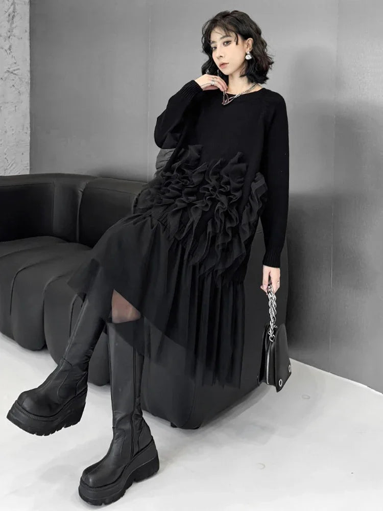 XITAO Temperament Mesh Patchwork Dress Casual Loose O-neck Full Sleeve Knitting A-line Minority Autumn Women Dress ZYY1082