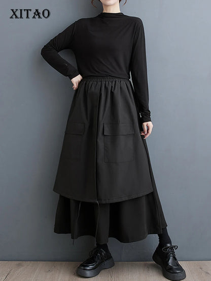 XITAO Irregular Patchwork Skirt Casual Fashion Personality Women Loose Simplicity Black Street Trendy All-match Skirt DMJ3717