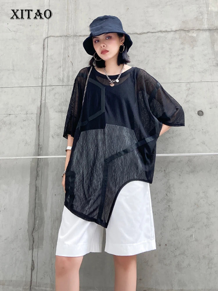 XITAO Patchwork Ribbons Irregular Perspective T Shirt Women 2020 Summer Trendy Fashion New Sun-proof O Neck Collar Top DZL1184