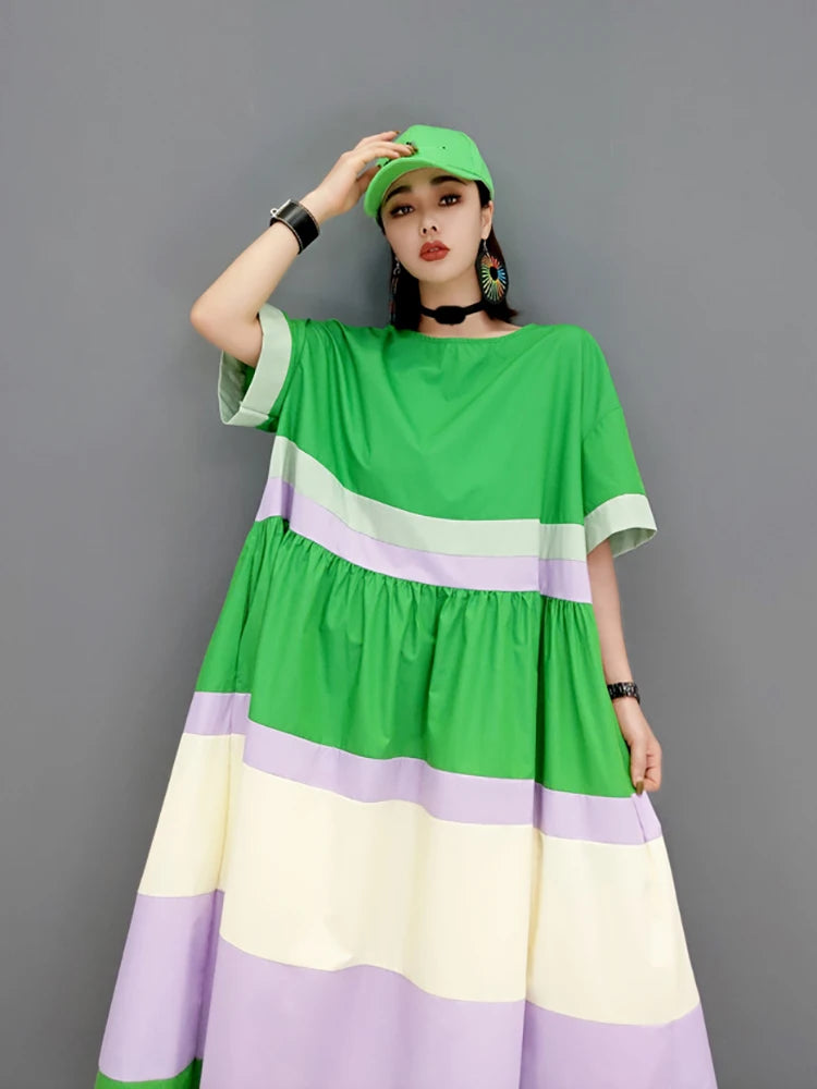 XITAO Contrast Color Large Size Dress Summer Fashion New Loose Folds Splicing Simplicity O-neck Collar Casual Women CLL1248