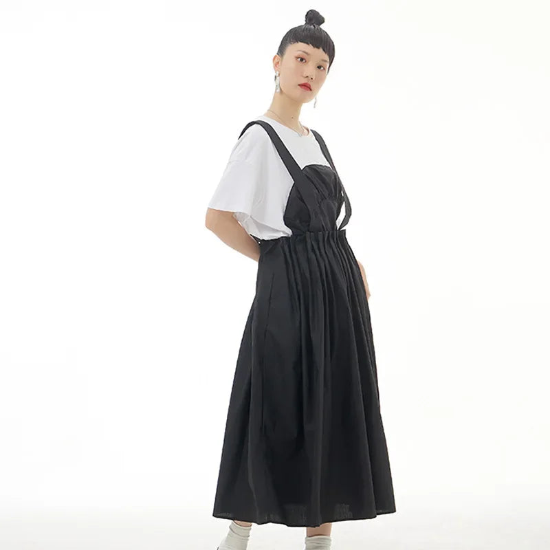 XITAO Pleated Skirt Fashion Women Solid Color Pullover Sleeveless Backless Summer Minority Loose Patchwork Skirt WMD6635