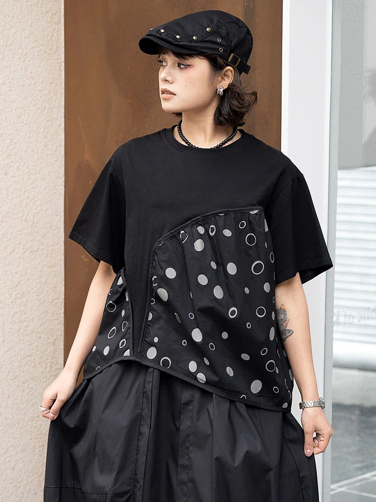 XITAO Irregular Casual T-shirt Dot Print Patchwork Loose Fashion New Summer Women All-match O-neck Collar Top Simplicity GJ1004