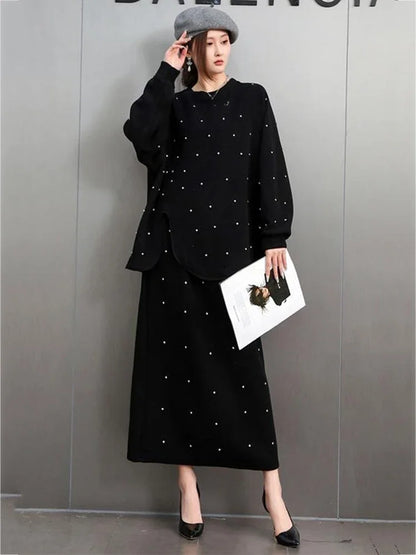 XITAO Loose Irregular O-neck Knitted Two-piece Set Solid Color Long Sleeve Top Women Casual Elastic Waist Simple Skirt GMM1295