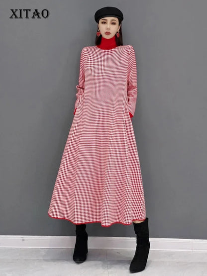 XITAO Korea Plaid Pattern Dress Spring New Fashion Long High Collar Long Sleeve Casual Loose Temperament Women GWJ0533