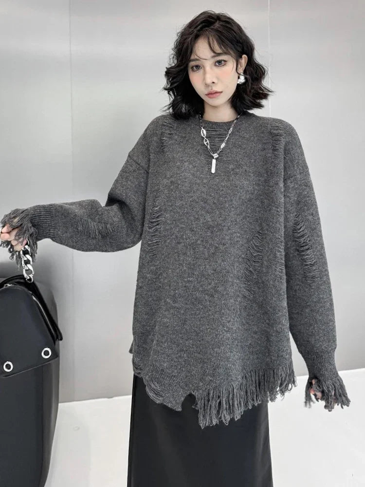 XITAO Irregular Hole Solid Color Female Sweater O-neck Full Sleeve Loose Casual Hollow Out Knitting Women Sweater New ZYY1026