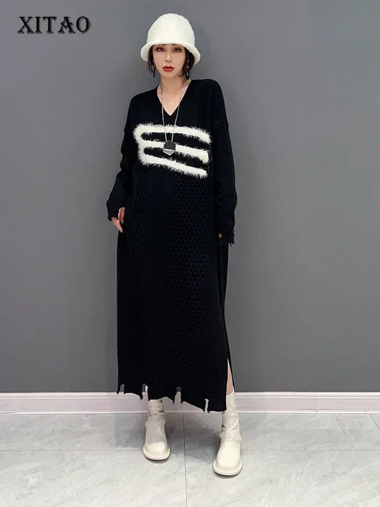 XITAO Knitted Dress Fashion Pullover Small Fresh Full Sleeve Goddess Fan Casual Style 2024 Winter Patchwork Dress FBB1184