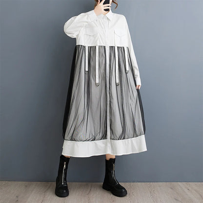 XITAO Casual Solid Color A-line Mid-calf Full Sleeve Dress New Patchwork Mesh Gauze Loose Sweet Autumn Women Dress GMM1033