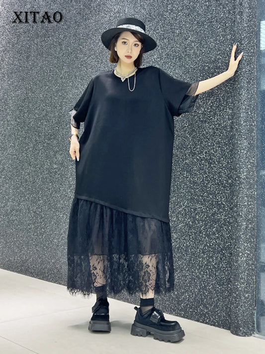 XITAO Black Casual Dress Loose Fashion Lace Patchwork Hem Loose Simplicity Women New Short Sleeve T-shirt Dress HQQ2330