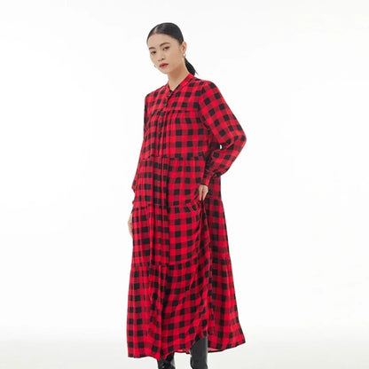 XITAO Plaid Patchwork Stand Collar Dresses Contrast Color Single Breasted Loose Mid-calf Slimming Long Sleeve Dress New DMJ3419