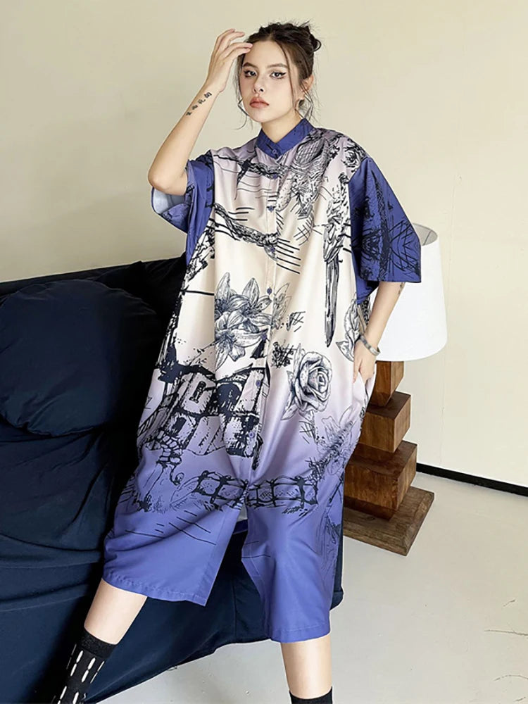 XITAO Chinese Style Printing Short Sleeve Dress Vintage Fashion Female New Summer Single Breasted A-line Shirt Dress DMJ4080