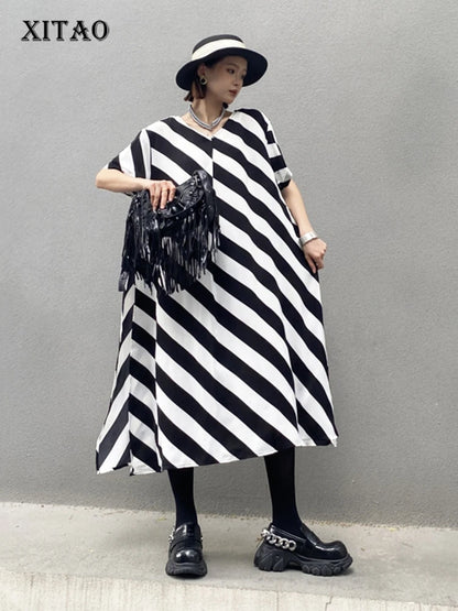 XITAO Casual Oblique Female Striped Dress Loose Fashion Contrast Color Splicing V-neck Collar Women Summer New Dress WLD20239