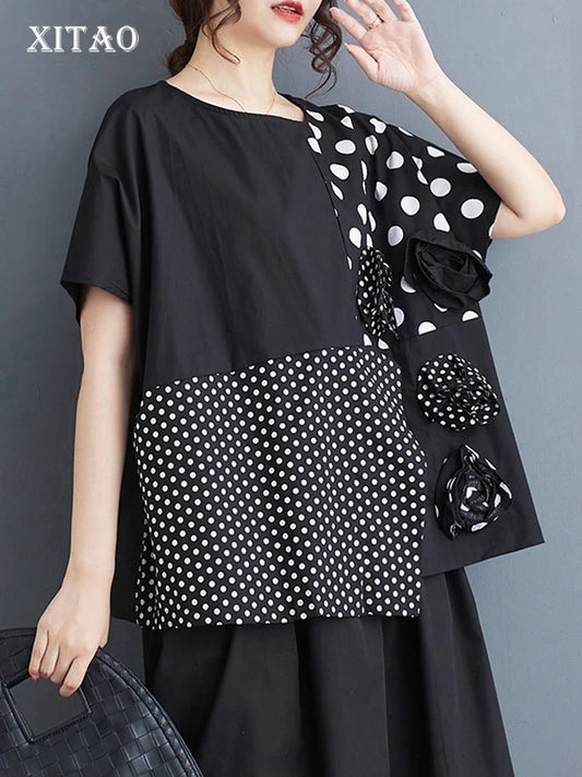 XITAO Polka Dot Flower Asymmetrical T-shirt Contrast Color Patchwork Three-dimensional Decoration Women New Casual Top ZY8815