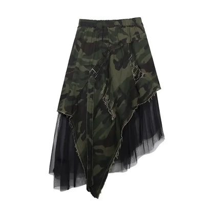 XITAO Camouflage Mesh Splice Long Skirt Street Asymmetrical High Waist Summer Clothes for Women Fashion Loose Casual  XJ1689